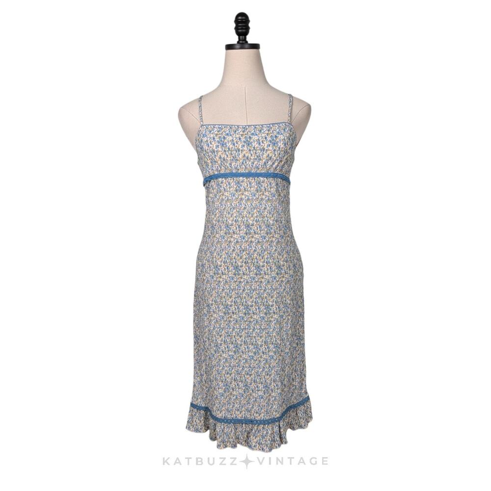 Y2K Mini Babydoll Mini Dress M Blue Floral Dainty Cottage Empire Ruffle Sundress